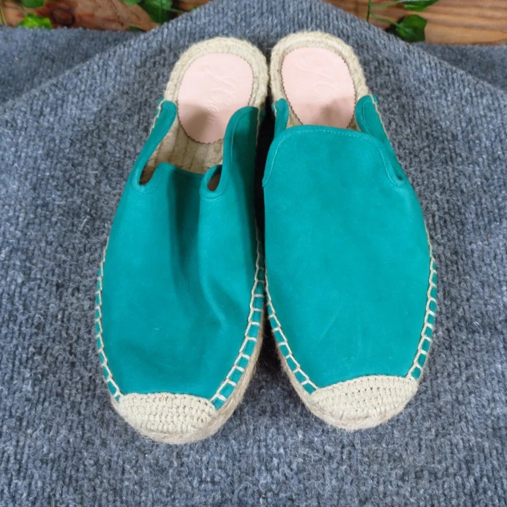 J. Crew AY314 Womens Suede Espadrille Mules 7.5 Summer Slip On Teal Green